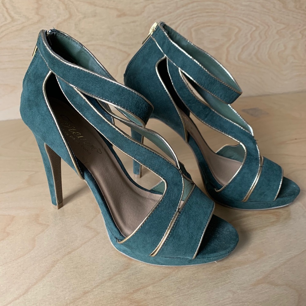 Green and gold strappy heels